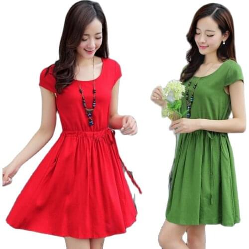 Vintage Short sleeve Woman Dress Vestido de mujer Elbise Cotton Linen Drawstring Waist Dresses for Women