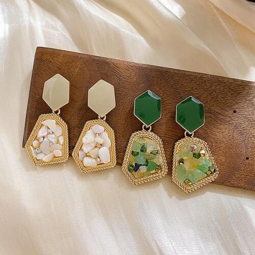 Natural Stone Dangle Earrings for Women Vintage Geometric Pink Green Druzy Drop Earring Fashion Jewelry 2020