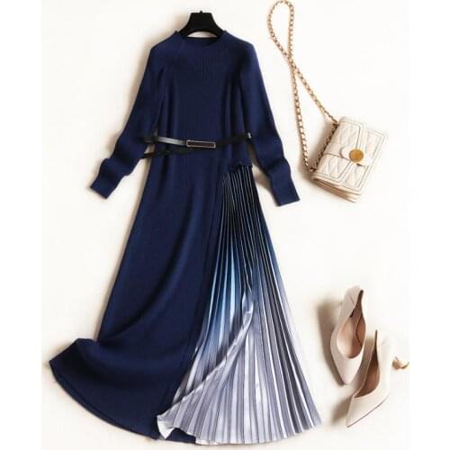 American European womens and clothing 2021 winter new style Long sleeve knitted stitching Fashion gradient Pleated dress