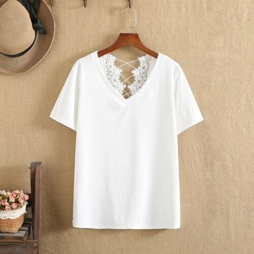 Plus Size Women Clothing V-Neck Knitted Cotton Stretch Short Sleeves Back Collar With Crochet Lace Large Size T-Shirt In Summer