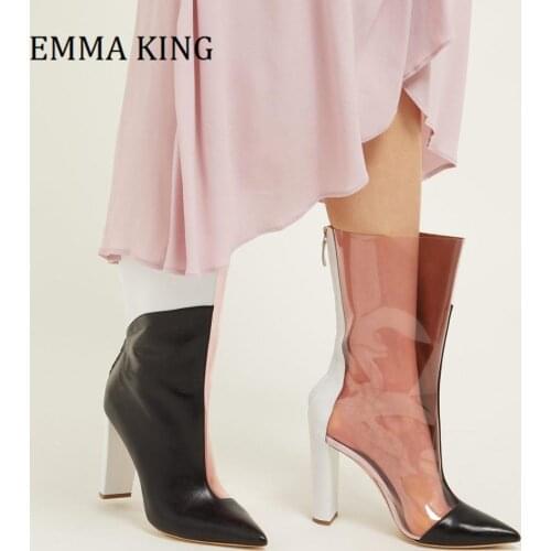 2021 Spring Women PVC And Leather Boots Chunky Block Heel Mid Calf Boots Point Toe Elegant Office Shoes Night Party Botas Mujer