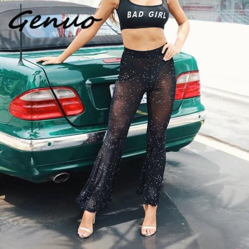 Genuo New 2019 Women Pant Sexy Thin Mesh Flare Wide Leg See Through Transparent Pants Beach Long Trousers Pantalon Femme
