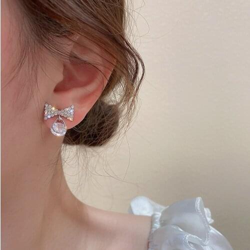 Korean Earings Fashion Jewelry Wild Bow Crystal Water Droplets Statement Earrings For Women Stud Earrings Wholesale