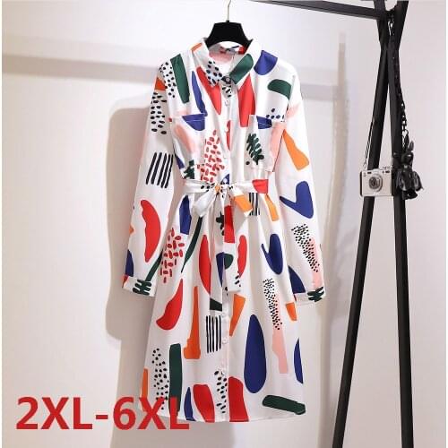 Spring Big size 6XL Long Sleeve Dress For Fat MM Woman Loose Print Belt With Pocket Plus Size Female Clothing Chiffon Dress