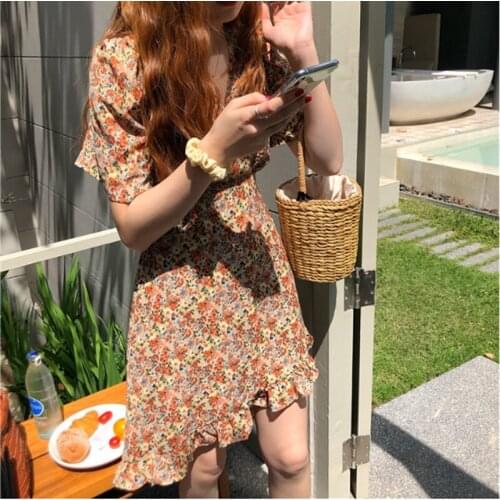 2020 Summer Elegant V-Neck Chiffon Women Dress Short Sleeve Ruffles Female Vestidos Print Floral Robe Plus Size XL- 5XL Clothes