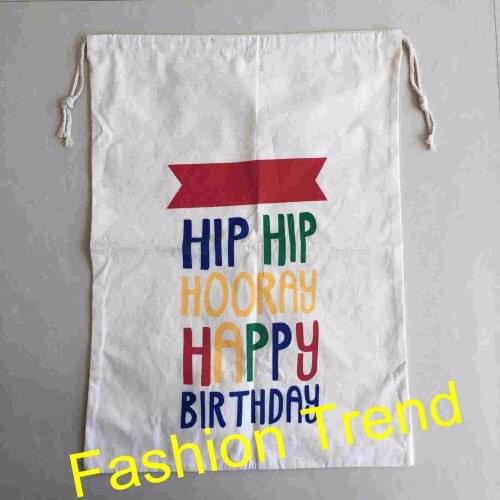 100pcs/lot free shipping hot sell cheap monogrammed canvas happy birthday sacks in stock