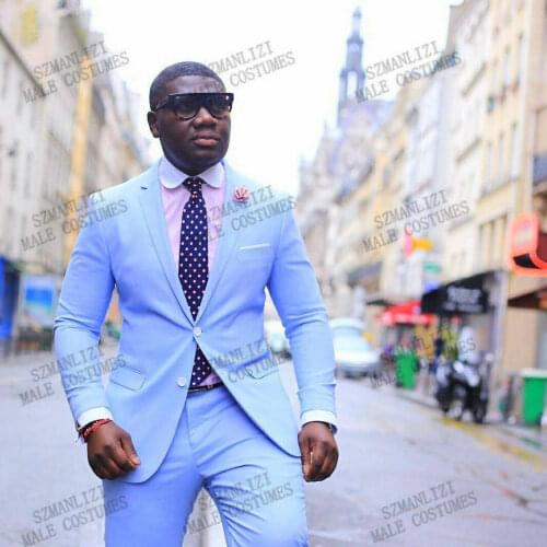 2021 Light Blue 2 Pieces Wedding Suits For Men Casual Beach Groom Tuxedo Custom Made Party Prom Suits Costume Homme Mariage