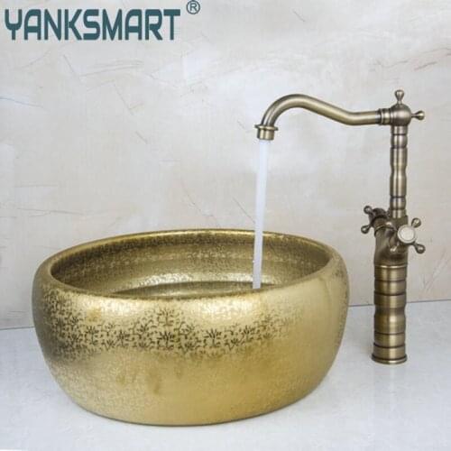 YANKSMART Double Handle Antique Brass Tap+Bathroom Sink Washbasin Ceramice Vessel Bath Sink Combine Set Torneira Mixer Faucet