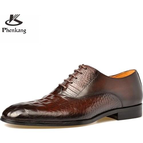 Men Alligator Pattern Original Leather Designer Brand Brogues Dress Carved Suit Brown Laces Wedding Shoes Phenkang 2021