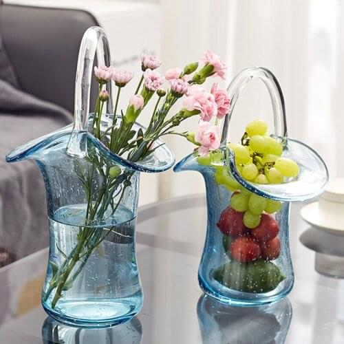 Nordic Transparent Hand Basket Bag Glass Vase Decoration Fish Tank Living Room Vessel Dried Flower Vase Arrangement Ornaments