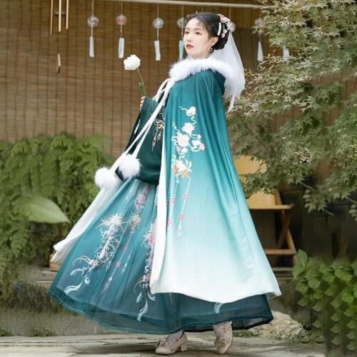 Autumn Winter Women Hanfu Cape Cloak Fairy Hooded Floral Print Warm Coat Chinese Ancient Vintage Tang Dynasty Princess Overcoat