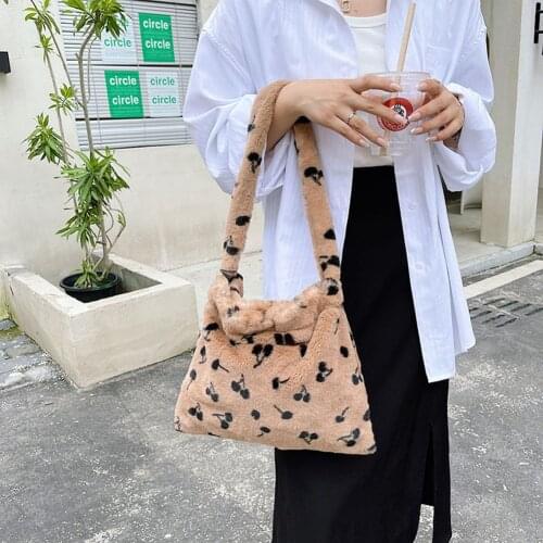 Plush Bags for Women Cherry Pattern Printing Shoulder Underarm Shopping Bags Casual Ladies Fashion Design Shopper Handbags