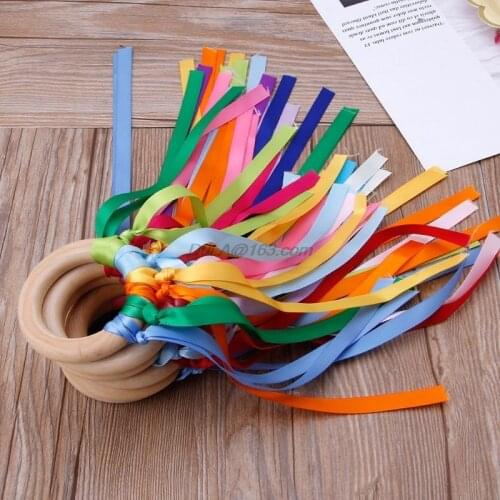 Rainbow Natural Wooden Ribbon Ring Waldorf Toys Baby Teether Newborn Sensory Toy Shower Gift