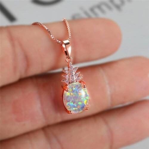 Rose Gold Silver Color Chain Necklace Charm Crystal Pineapple Wedding Necklace Boho Female Oval Opal Pendant Necklaces For Women