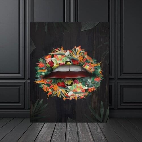 Pink Flower Lips with Money Quote Poster Print Wall Art Oil Painting on Canvas Picture Living Room Bar Idea Creative Home Decor