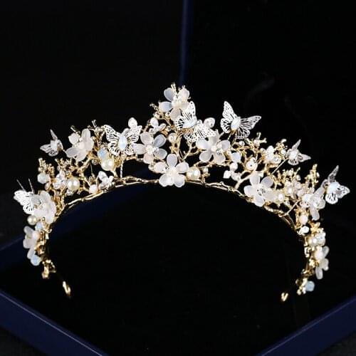 Baroque Wedding Crown Tiaras Baroque Pearl Rhinestone Crown Headband Butterfly Hairband Bridal Hair Accessories Princess Crown