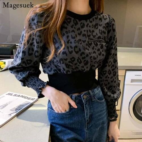 Vintage Fashion Casual Office Short Shirts Leopard Women Blouses Long Sleeve Pullover Chiffon Women Shirts Blouses Women 11377