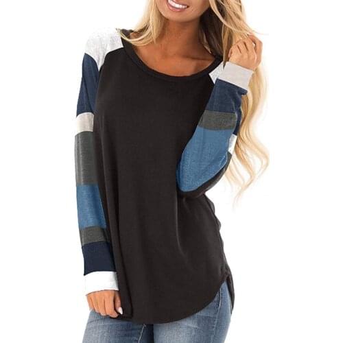 Hitmebox 2019 Spring Autumn Female O-Neck Color Block Long Sleeve Tunic Sweatshirt Casual Loose Striped Printed Top Basic Tshirt