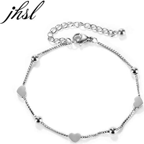 JHSL Female Women Bracelets Bangles with Heart Charm Unique Fashion Jewelry Rose Gold Silver Color Stainless Steel