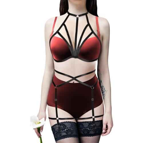 Women Elastic Harness 2Pcs Set Erotic Lingerie Cage Bra Hollow Out Crop Tops Body Strappy Garter Belt Stockings Gothic Clubwear
