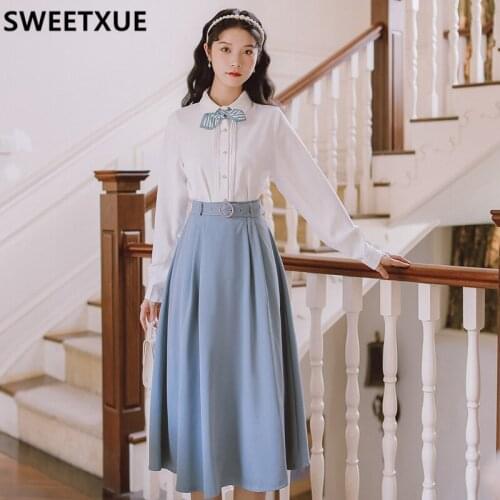 SWEETXUE 2-piece Set Temperament Womens Retro French Skirt Long Sleeve White Shirt Two Piece Set Fashion Outfits
