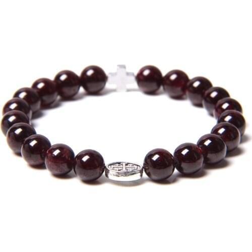 Natural Garnet Bracelet Femme Wine Red Garnet Stone Beaded Bracelet Vintage Cross Charm Bracelet Lucky Energy Buddha Jewelry Men