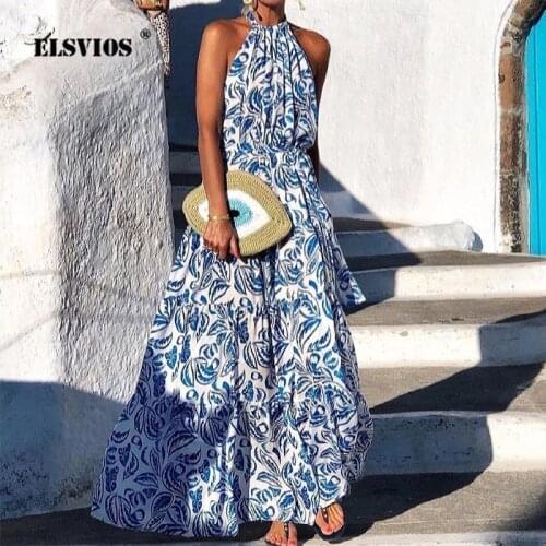 Women Halter Strapless Off Shoulder Elegant Long Maxi Dress Summer Boho Beach Dresses 2021 Ladies Floral Print Loose Party Dress
