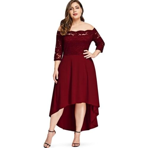 Plus Size 5XL Off Shoulder Dip Hem Lace 3/4 Length Sleeves Dress Women Party Dress Asymmetrical Elegant Vestidos Gothic Clothes