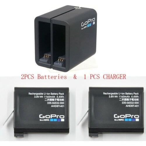 100% Original For GoPro Dual Battery Charger + 2 ORIGINAL BATTERY for HERO4 Black/HERO4 Silver