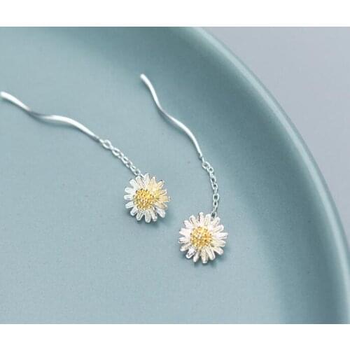 100% Real. 925 Sterling Silver Fine Jewelry Golden Daisy Flower Waterwave Twist Wave Threader earrings Dangle gtle2001
