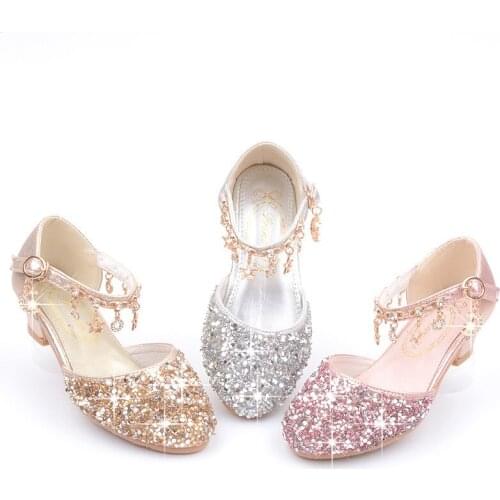 2021 3-12 Years Fashion Crystal Sequins Kids Princess Summer High Heels Leather Shoes For Girls Children Sandal Party Dance Shoe