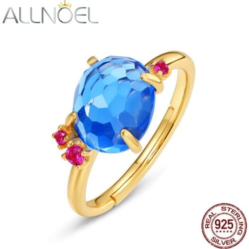 ALLNOEL 925 Sterling Silver Ring Synthetic Blue Crystal Fashion Design Oval Shape Gold Plating Red Corundum Rings For Women New