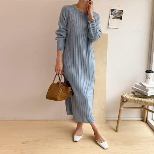 Elegant Knit Long Dress Fashion 2020 O-Neck Ribbing Vintage Loose Womens Dress Casual Autumn Winter Bottoming Black Tops Femme