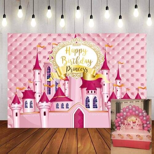 Backdrop for Photography Princess Pink Castle Headboard Happy Birthday Childrens Photographic Backgrounds Photocall Photo Prop
