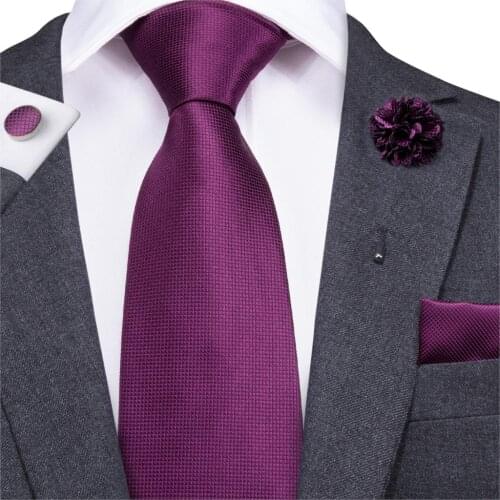 Hi-Tie 8.5cm Men Tie Solid Purple Neck Ties Set Boutonniere Pocket Square Cufflink Gift Box for Wedding Party Formal Suit Cravat