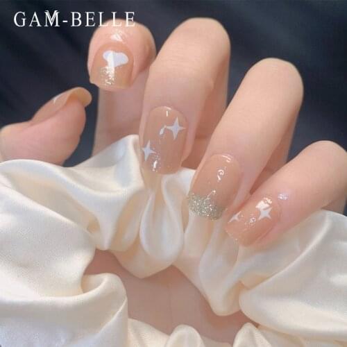 GAM-BELLE Cute Heart Stars Pattern False Nails Nude Glitter Artificial Nail Tips French Square Full Fake Nails Manicure Tool