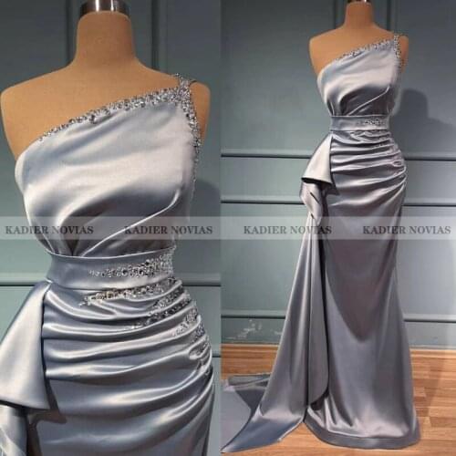 Kadier Novias Long Elegant Mermaid Grey Arabic Womens Evening Dresses 2021 Beads One Shoulder Floor Length Prom Party Gowns