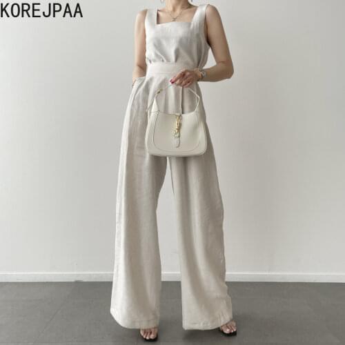 Korejpaa Women Set 2021 Summer Korean Chic Minority Square Neck Clavicle Loose Vest Top High Waist Pleated Wide Leg Casual Pants