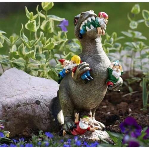 Creative Cartoon Dinosaur Dwarf Statue Decorative Resin Dinosaur Eat Dwarf Outdoor Ornament Garden Decoration Accessories