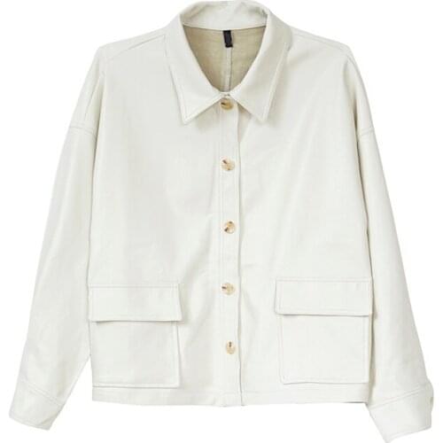 VSUE Women PU Faux Leather White Black Jacket Pocket Turn Down Collar Outwear Button High Street C0032