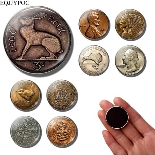 Currency pattern fridge magnet 30MM Glass Dome American Coin Pattern Magnetic Refrigerator Note Holder fridge sticker Home Decor