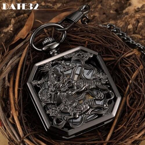Mechanical Pocket Watch Antique Skeleton Dial Fob Chain Full Black Dragon Kirin Hanging Clock with Gift Box for Men Dropshipping