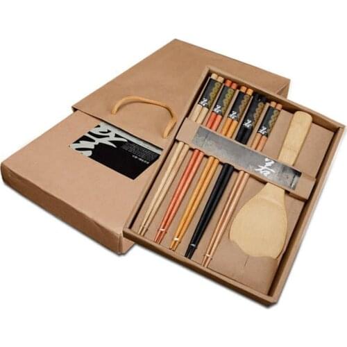 PREUP Japanese Style Natural Bamboo 5 Pairs/Set Reusable Chopstick + Rice Scoop Home Exquisite Tableware Set Best Gift