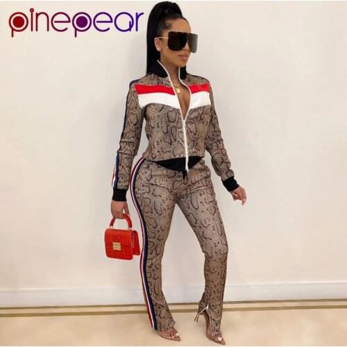 PinePear Snake Print 2 Two Piece Matching Set Women Jacket Coat Pants 2021 Winter Fall Snakeskin Long Sleeve Clothes Sweat Suit