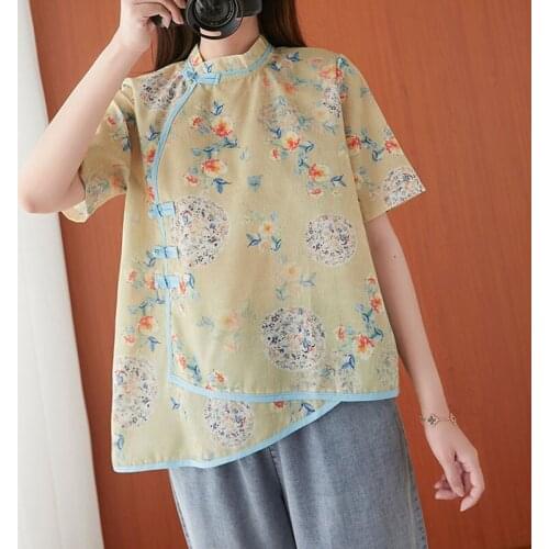 Women Cotton Linen Casual Shirts New Arrival 2021 Summer Chinese Style Vintage Stand Collar Floral Print Female Tops Tees S3920