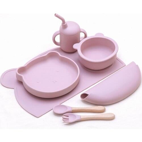 1set Baby Silicone Cookware Feeding Solid Food Bowl Bibs Set Non-Slip Kids Suction Plate Wooden Handle Spoon Cup Mat Tableware