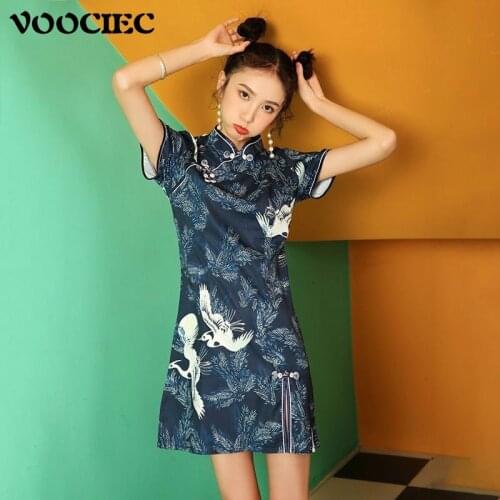 VOOCIEC Retro Chinese style crane dress Harajuku The Renaissance of girl cultivation Improved cheongsam dress women