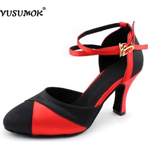 VUSUMOK Ballroom Dancing Shoes Latin Dance Shoes Sexy Salsa Party Square Shoes Dance Black Red Women Girls Ladies Shoes 2017 New