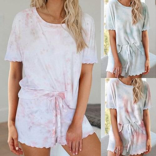Womens Printed Short-sleeved Two-piece Pajamas Tie-dye Home Wear Casual Polyester Loose Round Neck Plus Size Home Wear
