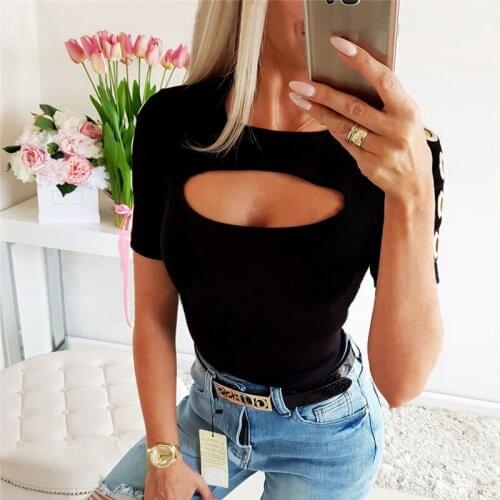 Women Sexy Short Sleeve Hollow Out T Shirt Top Summer Summer Casual Round Neck Solid Color Slim Fit Tops For Women Clubwear